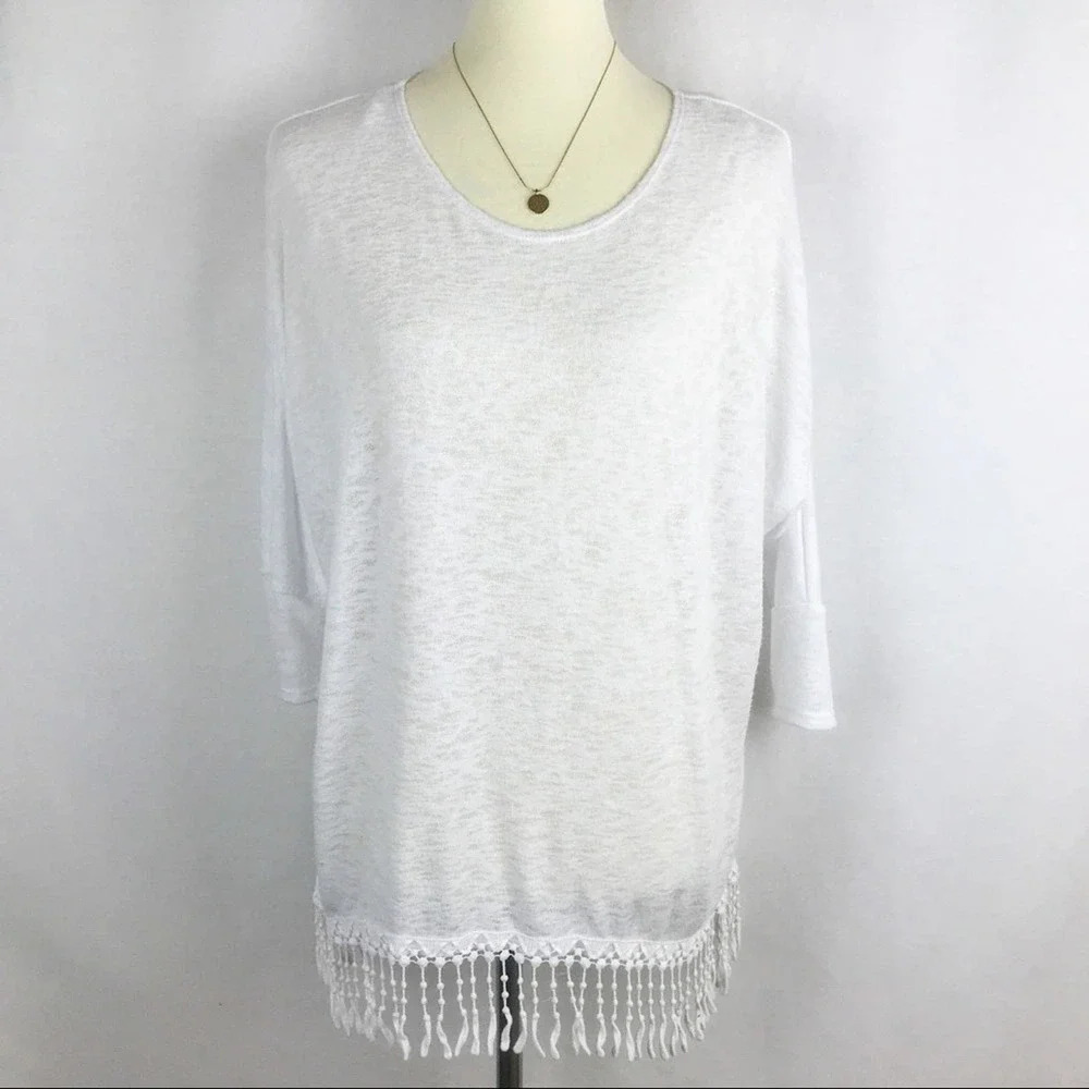 Alfani Sweater Womens White Fringe Lightweight Boho Coastal Cowboy Ladies